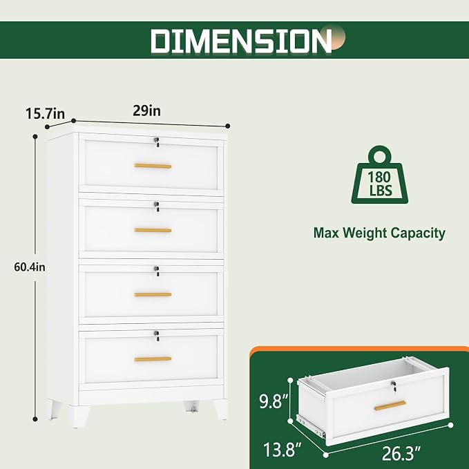 erosoei 4 Drawer File Cabinet with Lock, Metal Lateral File Cabinets for Home Office, Steel Wide Filing Organization Storage Cabinets, Home Office Furniture for Hanging Files Letter/Legal/F4/A4 Size