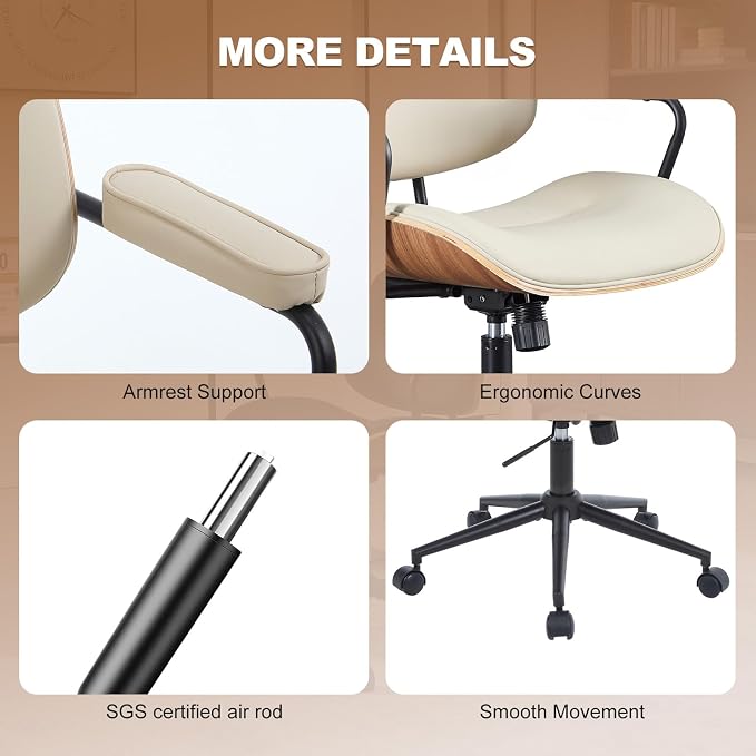 Mid Century Modern Office Chair with Adjustable Backrest, Wooden Desk Chair with Armrests, Swivel Height Adjustable Home Office Chair, Comfortable Task Chair for Home Office, Beige
