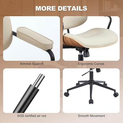 Mid Century Modern Office Chair with Adjustable Backrest, Wooden Desk Chair with Armrests, Swivel Height Adjustable Home Office Chair, Comfortable Task Chair for Home Office, Beige