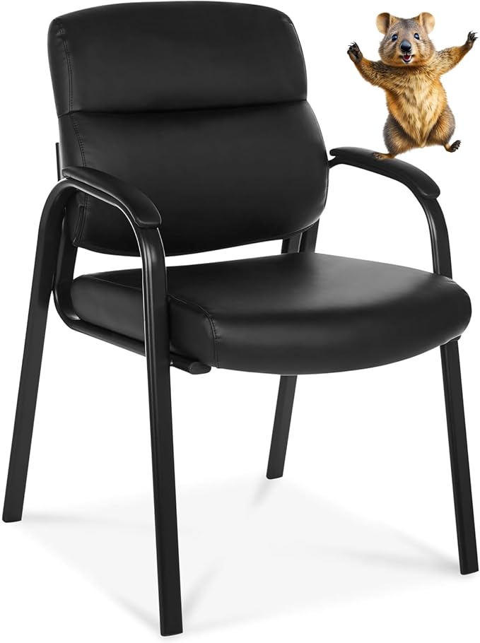 Oline Leather Guest Chair with Padded Arms, Reception Meeting Conference Waiting Room Lobby Home Desk Big and Tall Executive Office Chair, Black (1 Pack)
