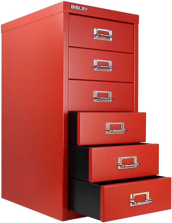 Bisley 6-Drawer Steel MultiDrawer Cabinet - Cardinal Red | Chrome Pull Handles with Label Holders, Powder-Coated Steel, Removable Drawers, Fits Under Most Desks, Labels Included