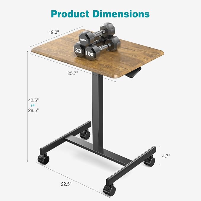 DUMOS Small Standing Desk Mobile Portable Rolling Laptop PC Table on Wheels Adjustable Height Computer Workstation for Home Office Small Space, 19 Inch, Modern Brown
