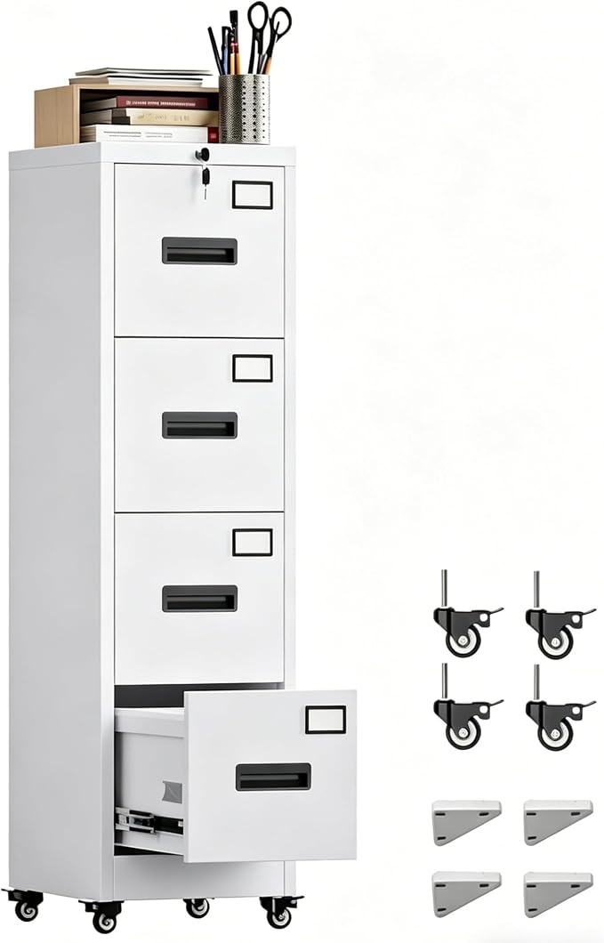 METAN 4 Drawer Metal File Cabinet on Wheels, Lockable Vertical Filing Storage for Letter Legal Size, Steel Organizer for Home Office, 14.96"x17.72"x54.13", Assembly Required, White