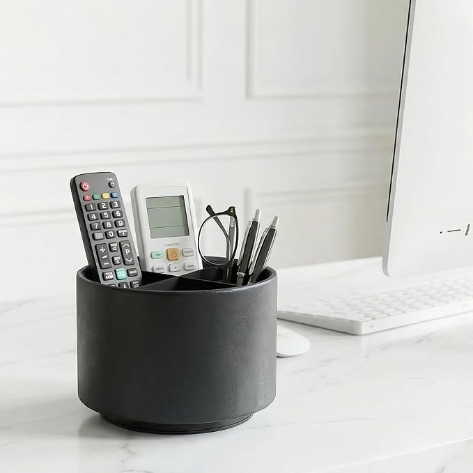 Round Leather Art Supply Organizer,Remote Control Holder,360 Degree Spinning,Multi-Functional Pencil Holder,4 Compartments Desktop Stationary Organizer(1-Sheep Black)