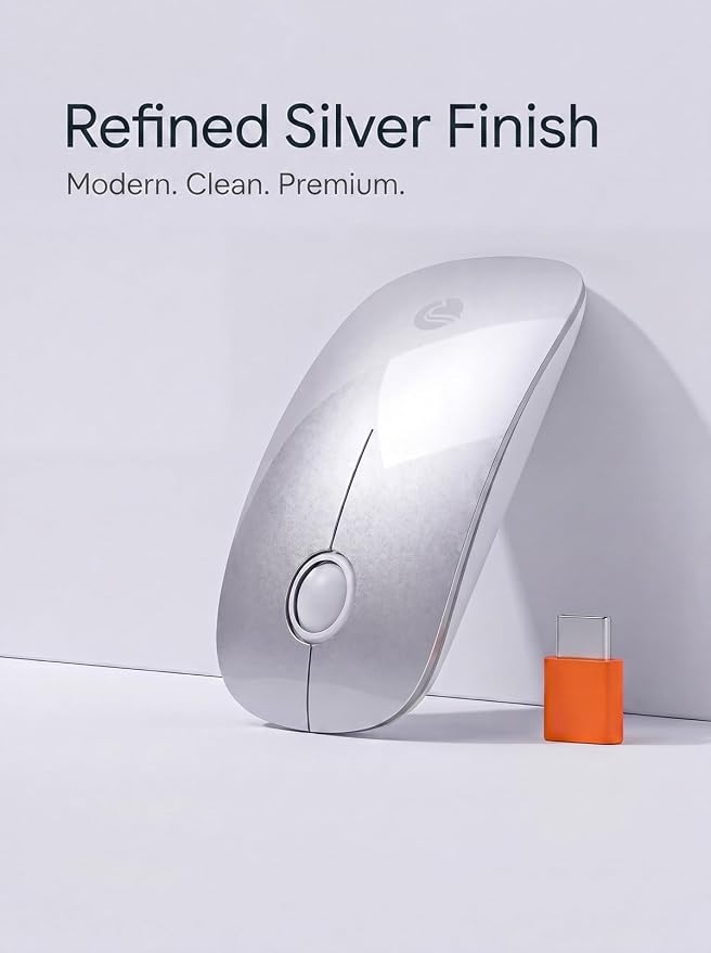 RAPIQUE USB C Wireless Mouse for MacBook Air/Pro, Silvery Slim Mouse, Silent Click, 3-Speed DPI, 480 Hours Battery Life, Portable 2.4GHz Type C Wireless Mouse for USB-C Devices, Laptops, Mac, macOS
