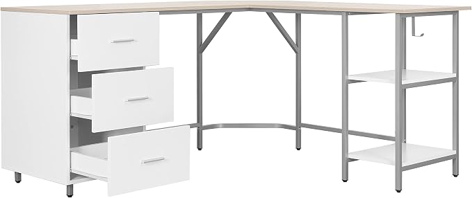 Techni Mobili L Shaped Desk - Two-Toned Computer Desk with Drawers & Storage Shelves - Simple Modern Furniture & Home Office Space Corner Table for Work & Writing