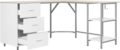 Techni Mobili L Shaped Desk - Two-Toned Computer Desk with Drawers & Storage Shelves - Simple Modern Furniture & Home Office Space Corner Table for Work & Writing