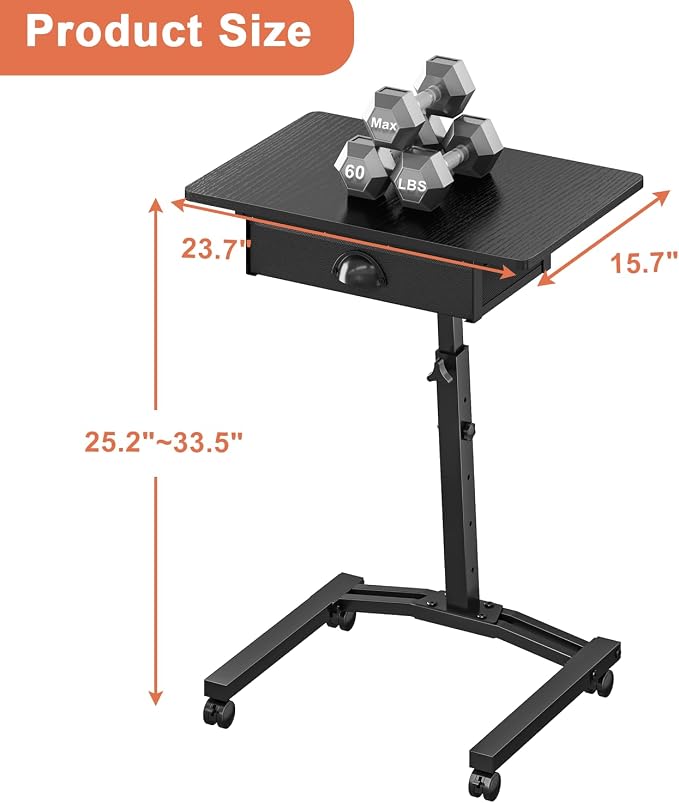 Rolling Adjustable Height Standing Desk With Drawers, Small Mobile Laptop Desk Cart On Wheels For Small Spaces Home Office, Portable Sitting Laptop Table For Bed Couch Load Up To 60LBS, Sturdy, Black