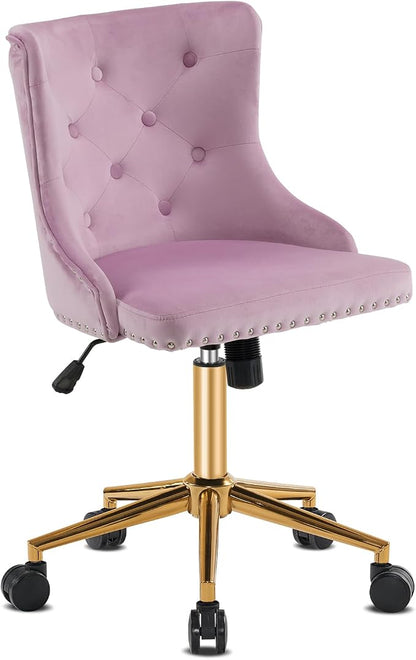 VINGLI Mauve Purple Armless Home Office Desk Chair with Gold Base/Wheels, Small Cute Vanity/Makeup Chair with Back for Bedroom, Upholstered Adjustable Rolling Swivel Nail Chair for Women/Girls