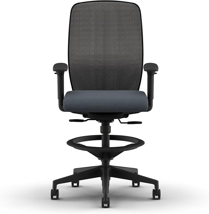 HON Nucleus Task Stool, Ergonomic Office Chair, Home Office Desk Chairs, Synchro-Tilt with Seat Slider, Adjustable Footring, Height-Width Adjustable Arms, Black Mesh, Darkness Fabric, Black Frame