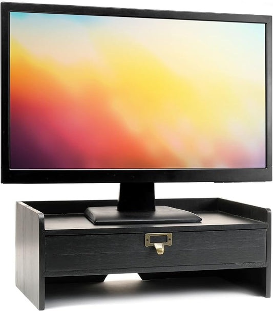 EXCELLO GLOBAL PRODUCTS Wooden Monitor Stand: Includes Drawer for Desktop Organization of Notebooks, Pens, Pencils & Office Supplies (Black)