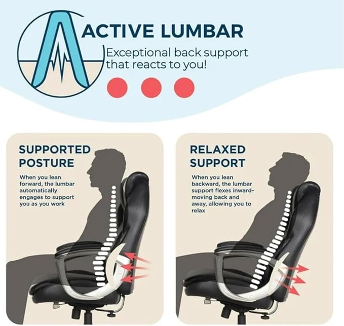 Lazzyboyy Executive Office Chair, Black Leather, Big and Tall, Active Lumbar Support, Ergonomic Design with Silver Base-Patented Active Lumbar Technology-Construction Supports up to 350lbs
