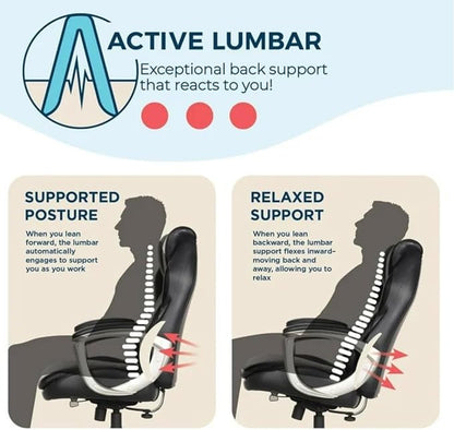 Lazzyboyy Executive Office Chair, Black Leather, Big and Tall, Active Lumbar Support, Ergonomic Design with Silver Base-Patented Active Lumbar Technology-Construction Supports up to 350lbs