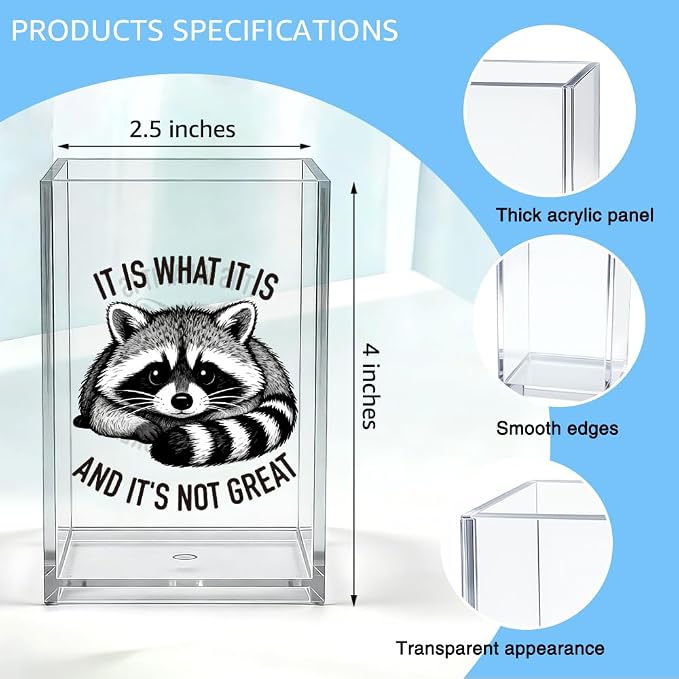 It Is What It Is And It's Not Great Acrylic Organizer Pencil Pen Holder, Funny Raccoon Acrylic Pen Holder, Cute Animal Humor Desk Decor, Desk Organizer Gifts for Coworker Friend Office Worker