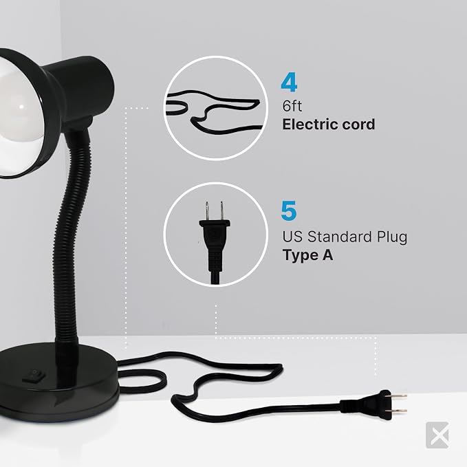 Xtricity LED Desk Light, 360° Adjustable Gooseneck, (Black Finish) | Home and Office Lamp with 7W A19 Bulb, 120V, On/Off Switch, 14” Height - Reading Lamps for Bedside Table, College Dorm