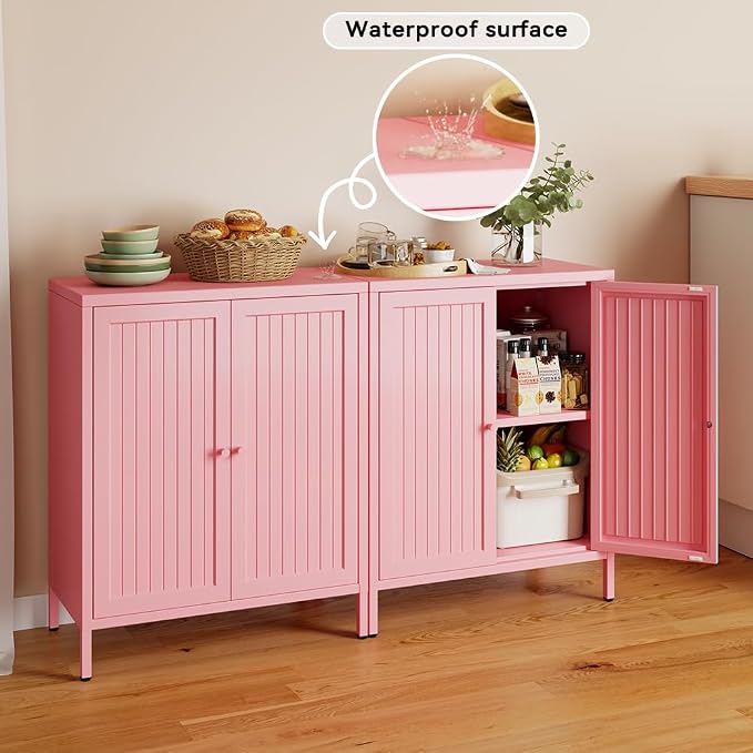 2 Door Metal Storage Cabinet-Small Bathroom Storage Cabinet with 1 Adjustable Shelf,Freestanding Sideboard for Home Office, Living Room, Hallway, Entryway (Striped Door, Pink)