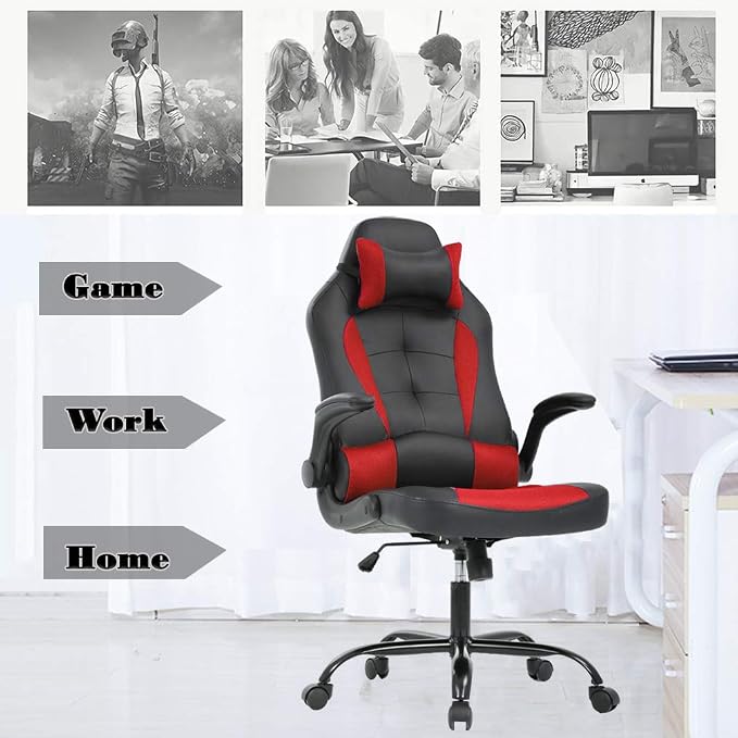 PC Gaming Chair Ergonomic Office Chair Desk Chair with Lumbar Suport Flip Up Arms Headrest Adjustable PU Leather Executive High Back Computer Chair for Women Men Adults,Red