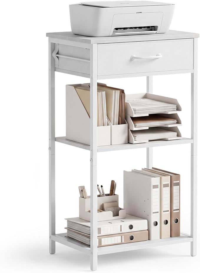 Printer Stand with Fabric Drawer, 3-Tier Industrial Sturdy Under Desk Printer Cart with Open Storage, Narrow Printer Table for Home Office, Fits Printer Scanner Fax Machine, White