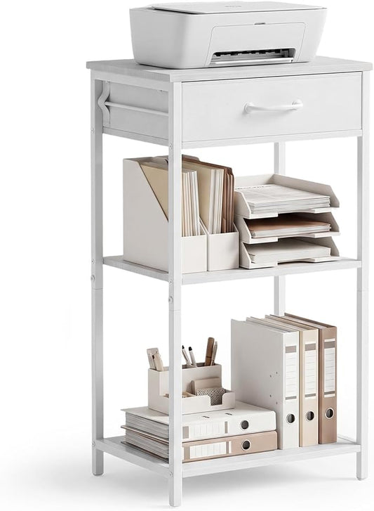 Printer Stand with Fabric Drawer, 3-Tier Industrial Sturdy Under Desk Printer Cart with Open Storage, Narrow Printer Table for Home Office, Fits Printer Scanner Fax Machine, White