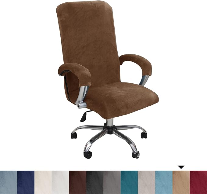 Velvet Plush Office Desk Chair Cover for Ergonomic, Brown, XL | Stretchable, Wide Large, Cat Proof Elastic, Fits Mesh and Executive Chairs, With Wheels and Armrests, Removable
