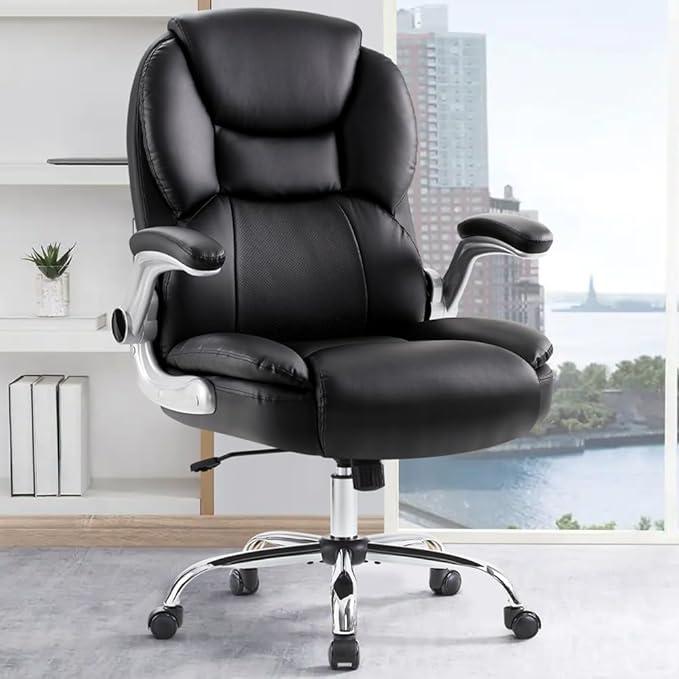 IWMH Executive Office Chair, Ergonomic Big and Tall Computer Desk Chair, High Back PU Leather Chair with Padded Flip-up Armrest, Lumbar Support Swivel Rolling Chairs Black