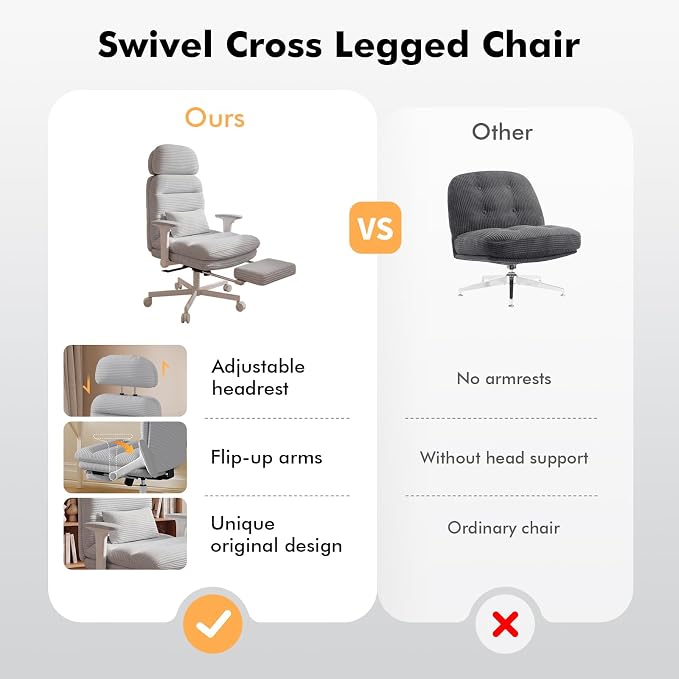 GXJ Criss Cross Legged Office Chair with Flip-up Arms, Footrest, G800 Plus | 6.3" Cushion Relieves Tailbone Pain, Head-Lumbar Support Eases Fatigue, Smooth Rolling Wheels, Corduroy Desk Seating, Grey