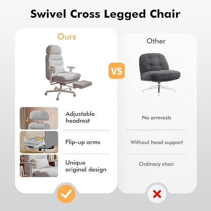 GXJ Criss Cross Legged Office Chair with Flip-up Arms, Footrest, G800 Plus | 6.3" Cushion Relieves Tailbone Pain, Head-Lumbar Support Eases Fatigue, Smooth Rolling Wheels, Corduroy Desk Seating, Grey
