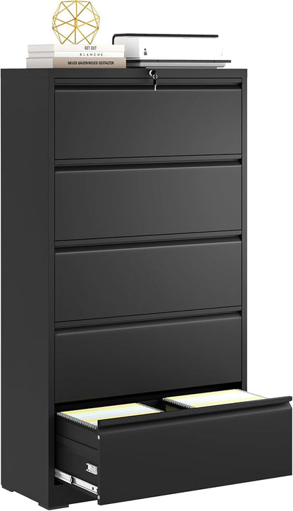 5 Drawer File Cabinet,Metal Lateral Filing Cabinet with Lock,Home Office Storage Organizer Cabinet for Legal/Letter/A4/F4 Size Files,35.5" W,Black