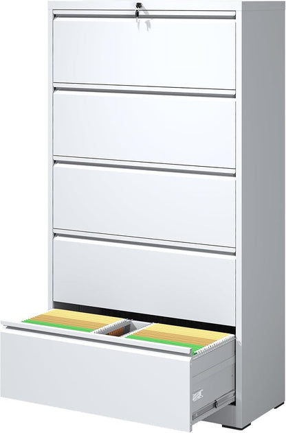 IKIMI 5 Drawer Lateral File Cabinets with Lock Office Filing Cabinet Steel Storage Cabinet Wide Horizontal Filing Metal Cabinets for Files Legal/Letter/A4 Size Assembly Required Assembly Required