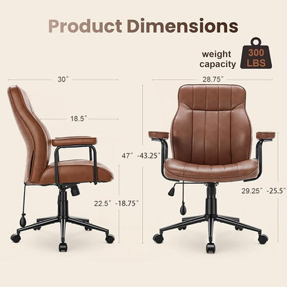 Mid Century Modern Office Chair with Inflatable Lumbar Support, Ergonomic Brown PU Leather Desk Chair with Arms, Height Adjustable Swivel Executive Computer Chair for Home Office (Brown)