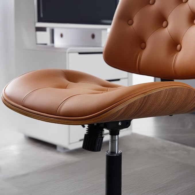 Armless Home Office Chair with Wheels, PU Leather Adjustable Height Computer Desk Chair, 360 Swivel Small No Arms Chair, Modern Button Walnut Style for Office, Reading Meeting Room(Brown)