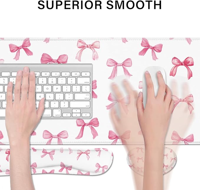 Desk Pad and Keyboard Wrist Rest, Large Mouse Pad + Keyboard Pad+Mouse Wrist Support, Non-Slip Desk Mat Protector for Office, Home 31.5×11.8 Inches Pink Bow