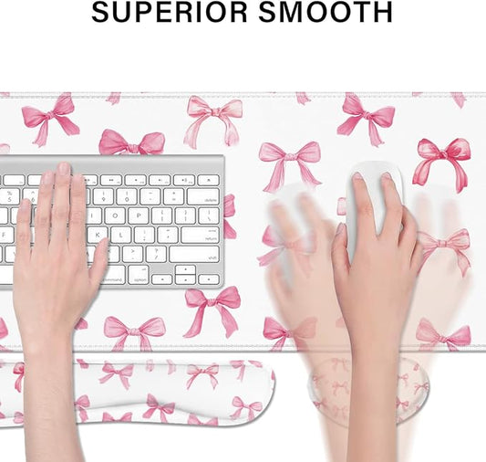 Desk Pad and Keyboard Wrist Rest, Large Mouse Pad + Keyboard Pad+Mouse Wrist Support, Non-Slip Desk Mat Protector for Office, Home 31.5×11.8 Inches Pink Bow
