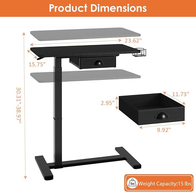 X-cosrack Overbed Bedside Table with Drawer, Adjustable Pneumatic Standing Desk with Wheels, Rolling Laptop Desk with Cup Holder, Computer Cart Movable Over Bed Table for Hospital and Home Use, Black