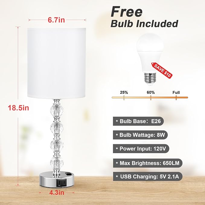 Touch Bedside Crystal Lamps for Bedrooms Nightstand with USB C+A Charging Port and AC Outlet White, 3 Way Dimmable Silver Large End Side Table Lamp for Living/Guest/Dinning Room/Kitchen