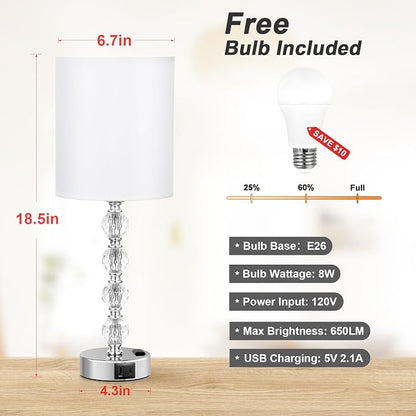 Touch Bedside Crystal Lamps for Bedrooms Nightstand with USB C+A Charging Port and AC Outlet White, 3 Way Dimmable Silver Large End Side Table Lamp for Living/Guest/Dinning Room/Kitchen
