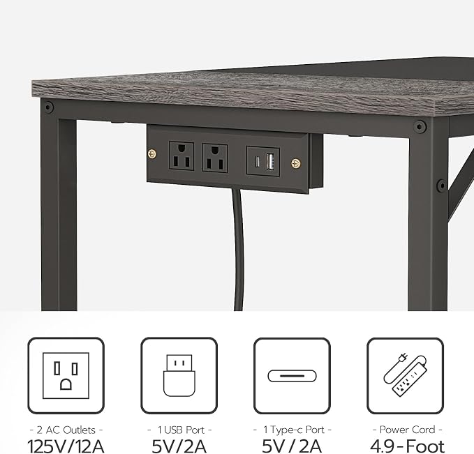 HOOBRO Computer Desk, Home Office Desk with Power Outlet, Modern Study Writing Desk with 3 Hooks for Study Room, Home Office, Sturdy and Stable, Easy to Assemble, Charcoal Gray and Black BC40UDN01