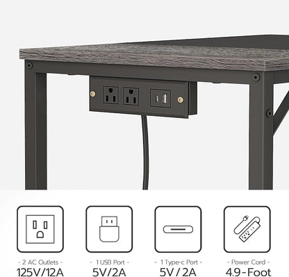 HOOBRO Computer Desk, Home Office Desk with Power Outlet, Modern Study Writing Desk with 3 Hooks for Study Room, Home Office, Sturdy and Stable, Easy to Assemble, Charcoal Gray and Black BC40UDN01