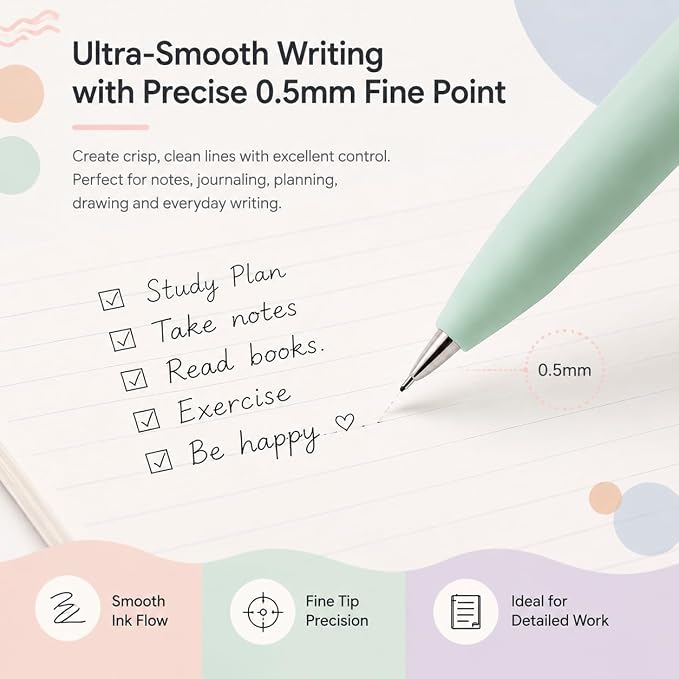 Vanhench 7Pcs 0.5 mm Black Ink Gel Pens Fine Point Smooth Writing Quick Dry Pen for School Note Teacher Journaling Office Desk Nurses Gift, Nice Cute Multifunction Writing Pens with Fidget Stress Ball