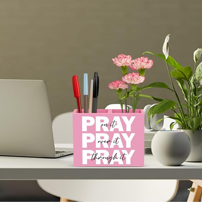 Pink Pray on It Office Desk Pencil Holder Decor Inspirational Christian Gifts for Women Men HR Manager Coworker Friend Employee Boss Day Gifts Bible Verse Wooden Pencil Holder Sign