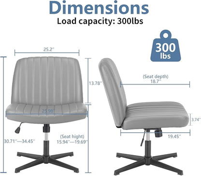 DUMOS Criss Cross Chair No Wheels, Wide Seat Cross Legged Office Desk Vanity Chair, Faux Leather Armless Height Adjustable Swivel Task Computer Chairs for Home, Study, Grey PU