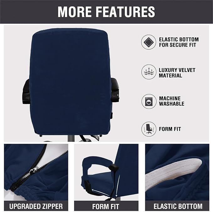 Velvet Plush Office Computer Chair Cover for Ergonomic, Navy Blue, XL | Stretchable, Cat Proof Protector, Fits High Back Wide Mesh Executive Chairs, For Rotating Chairs with Wheels and Armrest