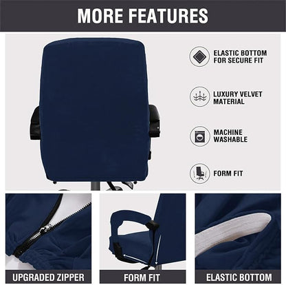 Velvet Plush Office Computer Chair Cover for Ergonomic, Navy Blue, XL | Stretchable, Cat Proof Protector, Fits High Back Wide Mesh Executive Chairs, For Rotating Chairs with Wheels and Armrest