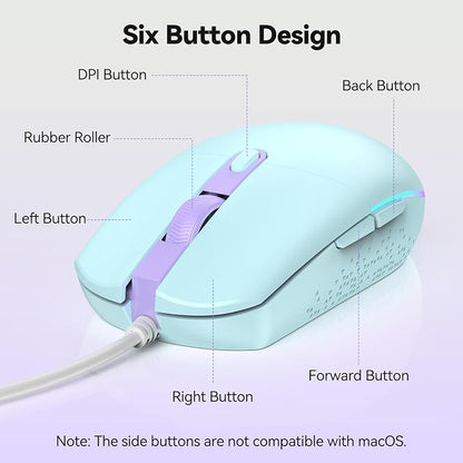 TECKNET Wired Mouse - USB Corded Mouse with RGB Backlit Full Size Optical Silent Mouse with Side Buttons,LED Plug and Play Wired Connection Office Mice for Desktop,PC,Laptop