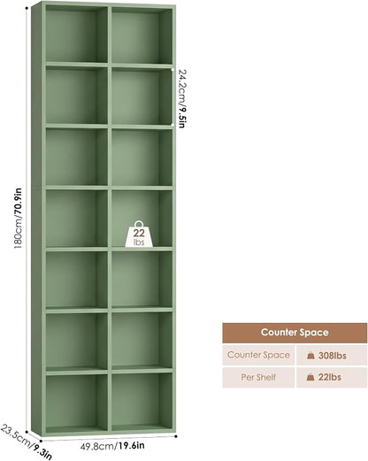 FOTOSOK 71'' Tall Bookshelf with 14 Cubes, 7 Tier Double Wide Bookshelf with 6 Adjustable Shelves, 19.6" Narrow Bookcase DVD/CD Media Storage Shelf, Space Saving Display Shelf Cabinet, Green
