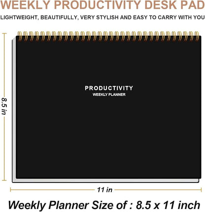 Weekly Productivity Planner - 8.5" x 11" Dashboard Desk Notepad Has 6 Focus Areas to List Tasks for Goals, Projects, Clients, Academic or Meal-Organize Your Daily Work Efficiently, 54 Weeks, Black