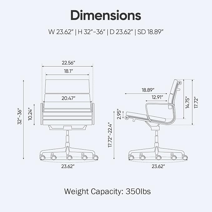 Mid-Back Genuine Leather Office Chair, Padded Executive Desk Chair with Aluminum Arms and Base, Swivel Wheels with Lumbar Support & Tilting Function, Hight Adjustable, Silent Weheels, Dark Blue