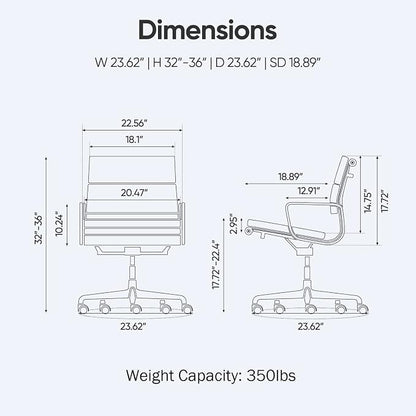 Mid-Back Genuine Leather Office Chair, Padded Executive Desk Chair with Aluminum Arms and Base, Swivel Wheels with Lumbar Support & Tilting Function, Hight Adjustable, Silent Weheels, Dark Blue