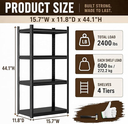 4 Tier Metal Bookshelf, Adjustable Tall Bookcase, Heavy Duty 2400 LBS Modern Deep Book Shelf, Bolt-Free Storage Shelves for Living Room, Home Office, Garage, 15.7" Wx 11.8" Dx 44.1" H