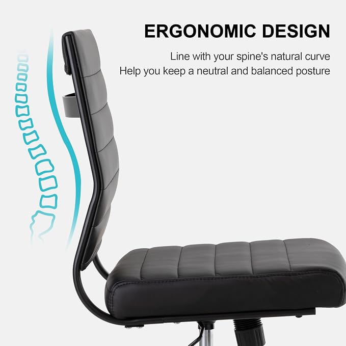 Okeysen Office Desk Chair No Arms, Mid Back Ergonomic Swivel Black Armless Conference Room Chairs, Adjustable Height PU Leather Home Desk Chair, Modern Small Rolling Computer Task Chair
